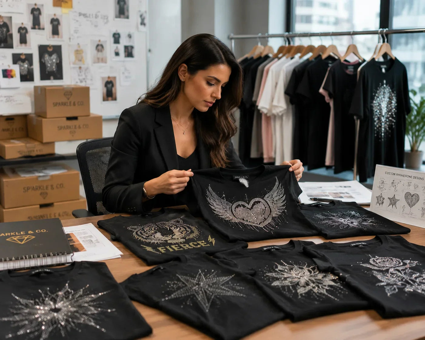 Professional wholesale buyer reviewing rhinestone t-shirt samples before bulk order