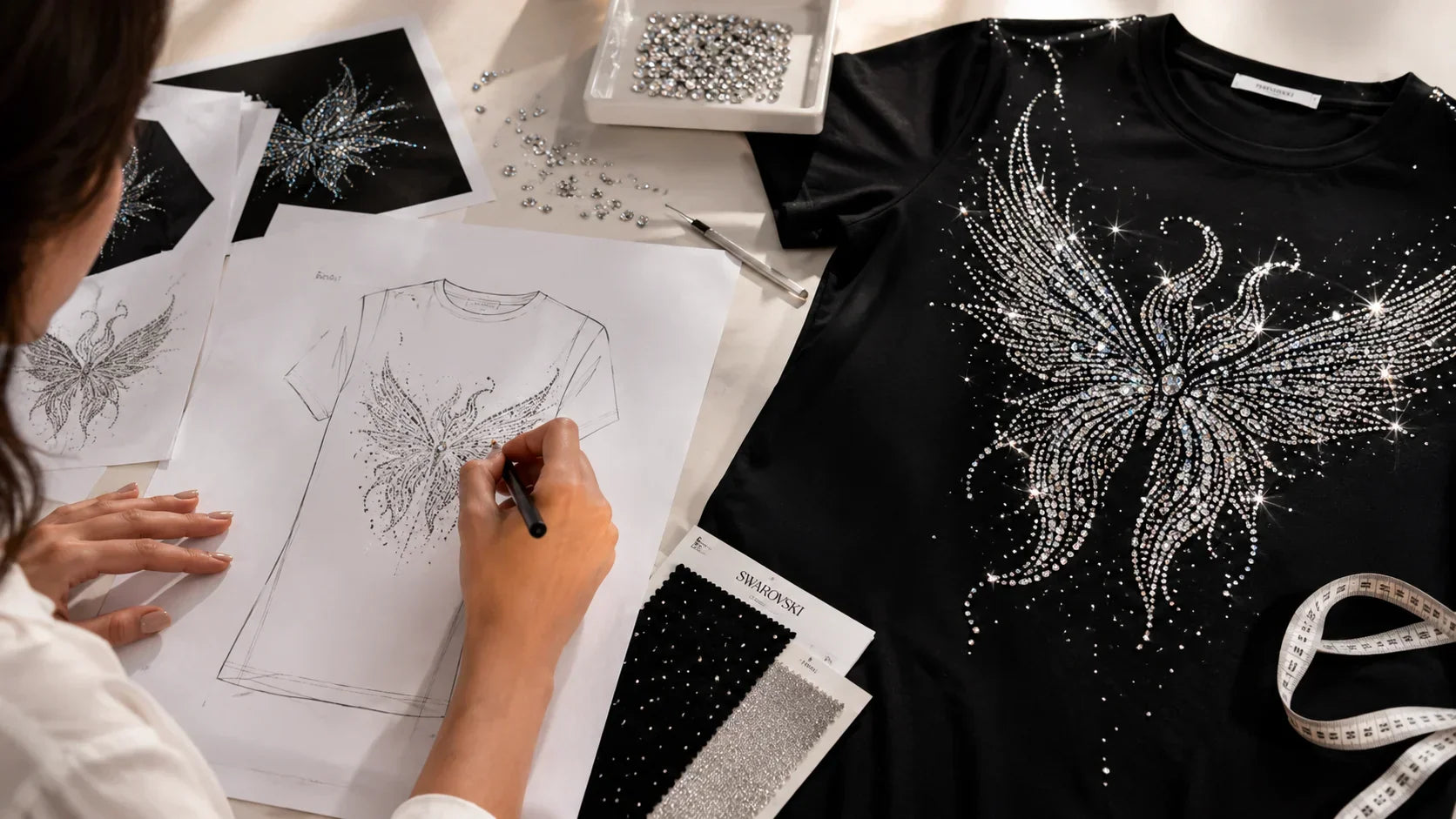 Designer sketching custom rhinestone t-shirt pattern next to finished product