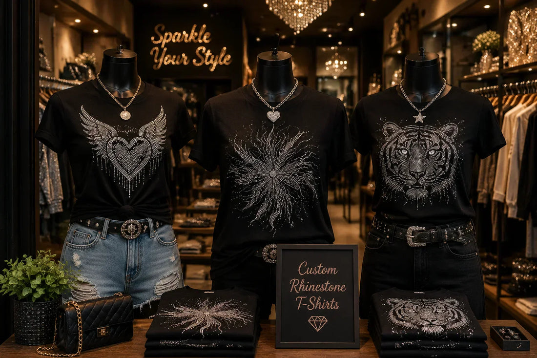 Boutique storefront displaying custom rhinestone t-shirts on mannequins