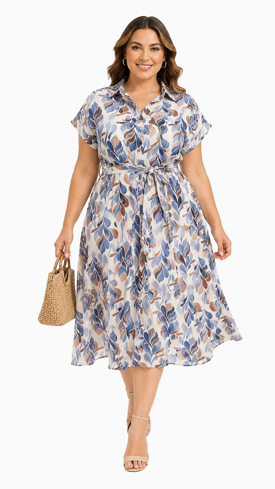 Women's blue floral woven midi dress with V-neck and ruffle sleeves, front view model