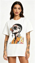 Women's rhinestone portrait t-shirt with sunglasses lady design, front view model