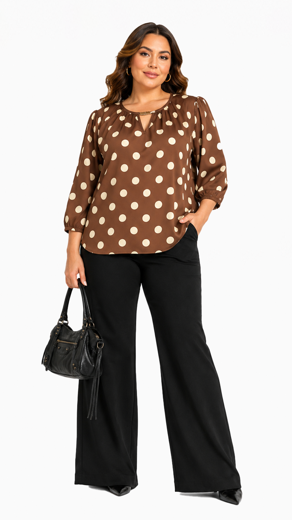 Women's brown polka dot woven blouse with V-neck and long sleeves, front view model