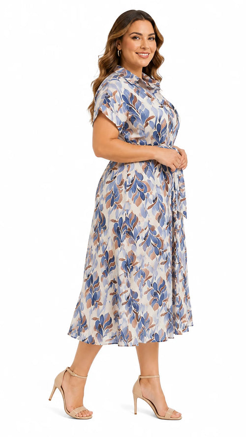Side view of women's blue grey floral print midi dress with bow tie waist