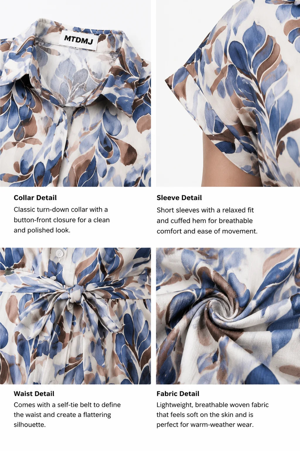 Close-up of blue grey floral print and ruffle sleeve detail on woven midi dress