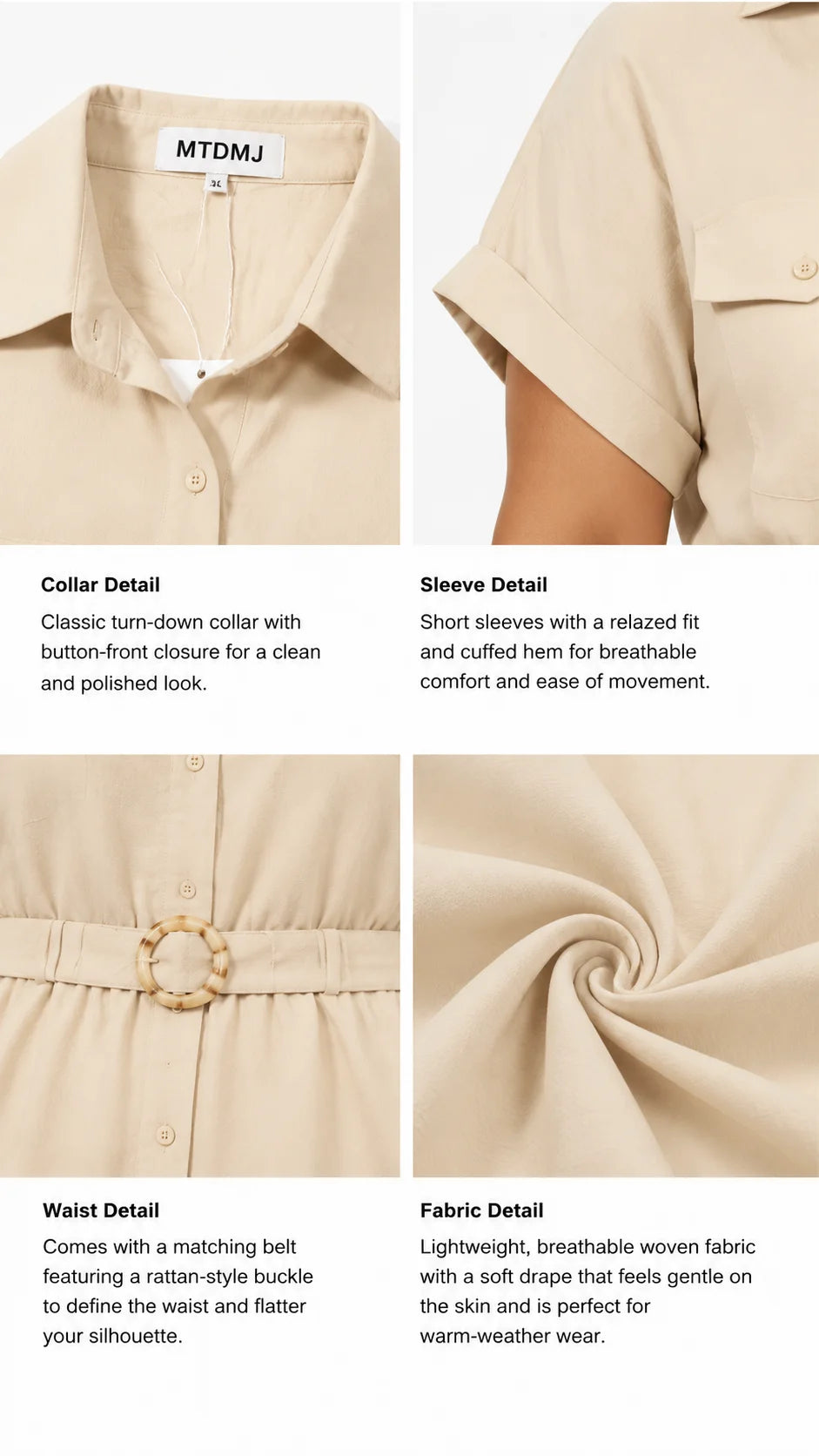 Close-up of natural linen-look woven fabric texture and belt detail on beige shirt dress