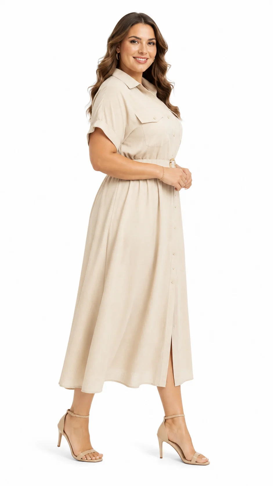 Side view of women's beige linen-look woven midi shirt dress with collar