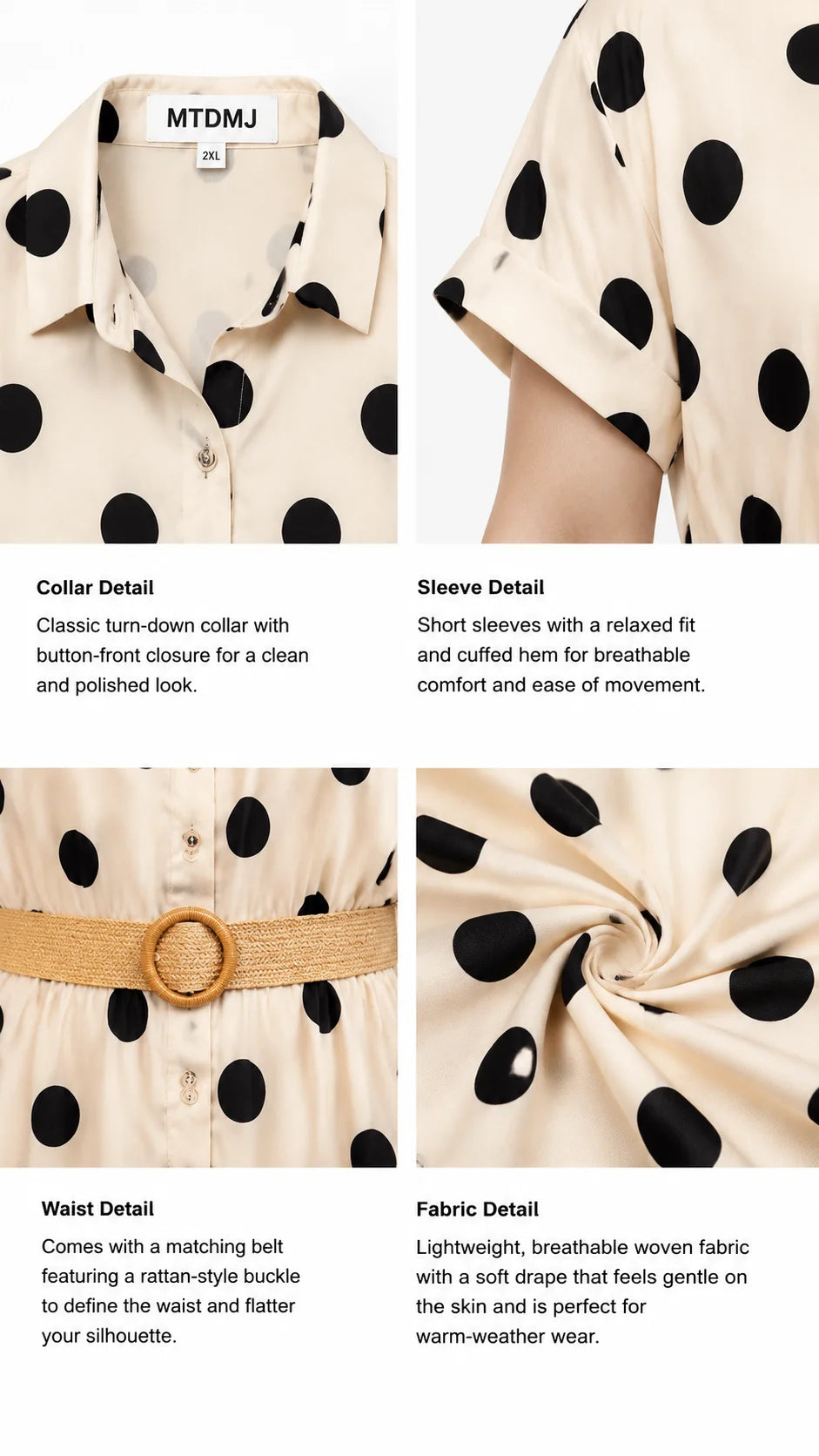 Close-up of bold black polka dot pattern on white woven midi dress fabric detail