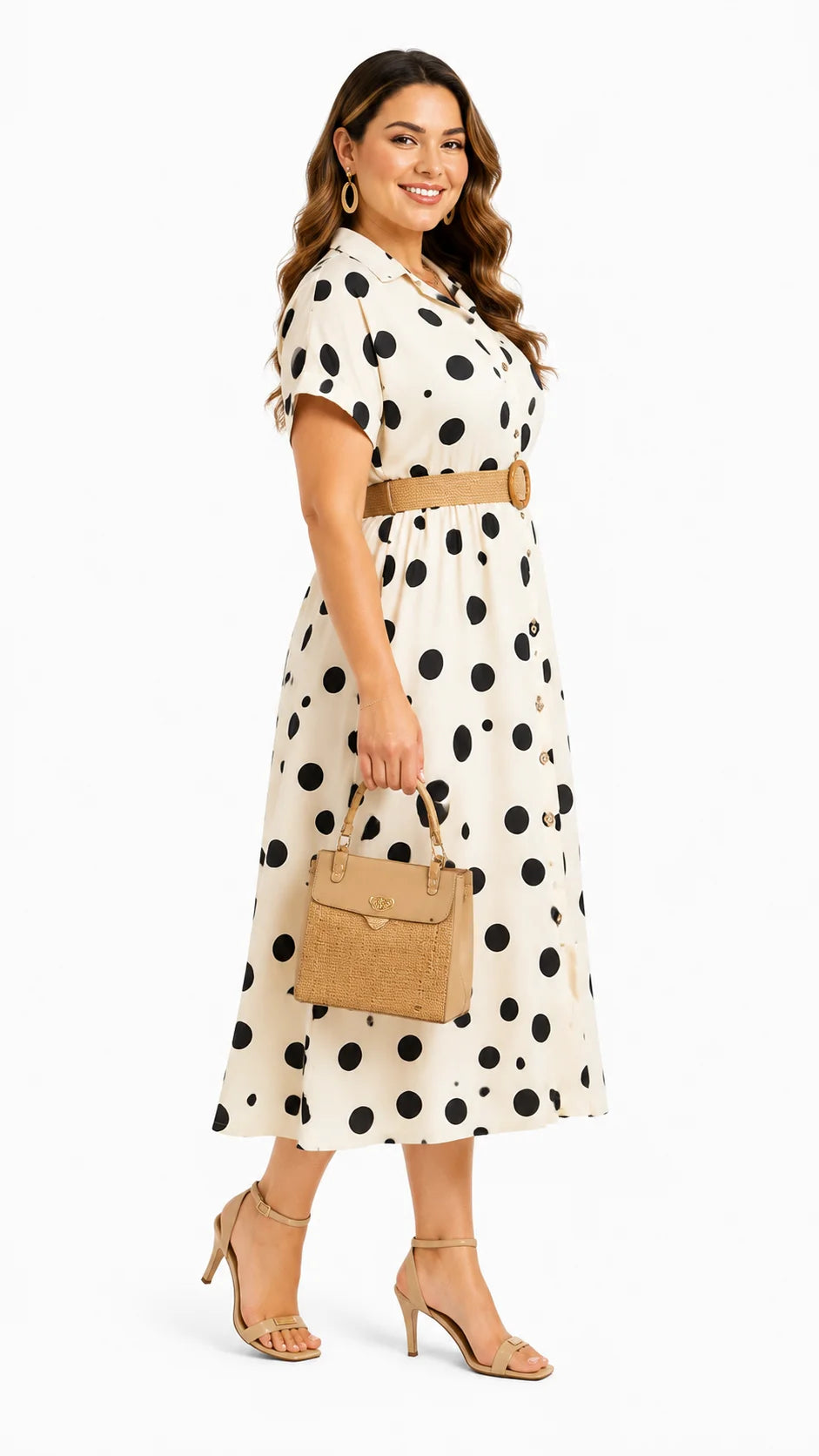 Side view of women's retro polka dot A-line woven midi dress with short sleeves