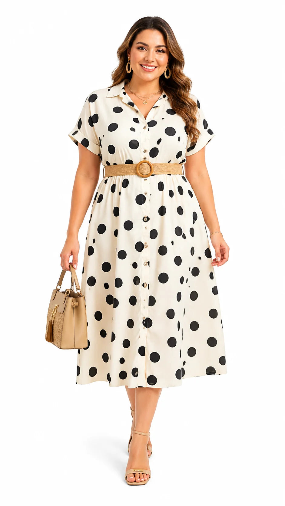 Women's white black polka dot woven midi dress with V-neck and belt, front view model