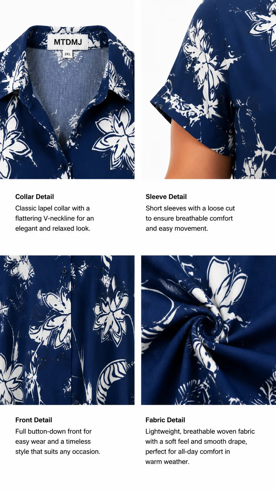 Close-up of navy floral botanical print and decorative border hem detail on woven dress