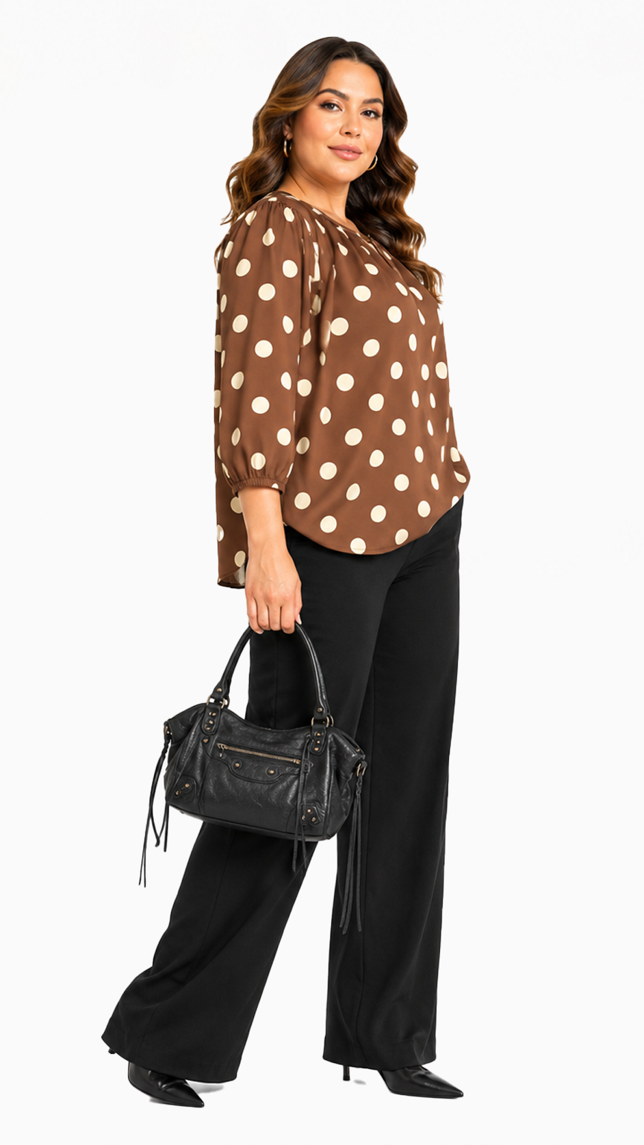 Side view of women's brown polka dot V-neck woven blouse with chest pocket