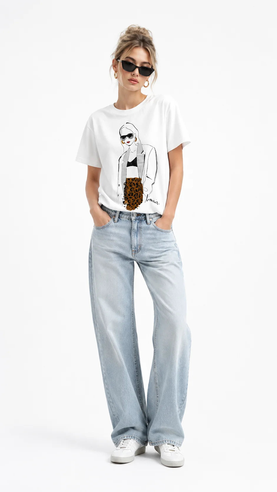Women's printed cartoon character t-shirt with fun graphic design, front view model