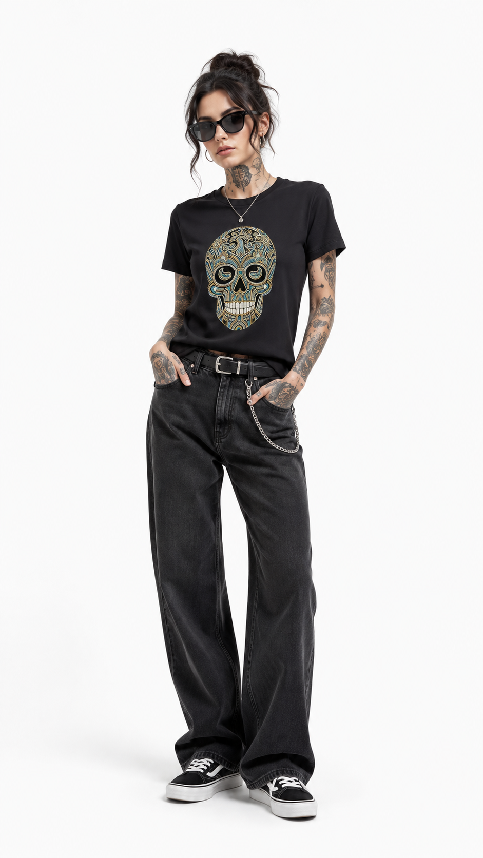 Women's rhinestone sugar skull black t-shirt with green Day of the Dead design, front view model