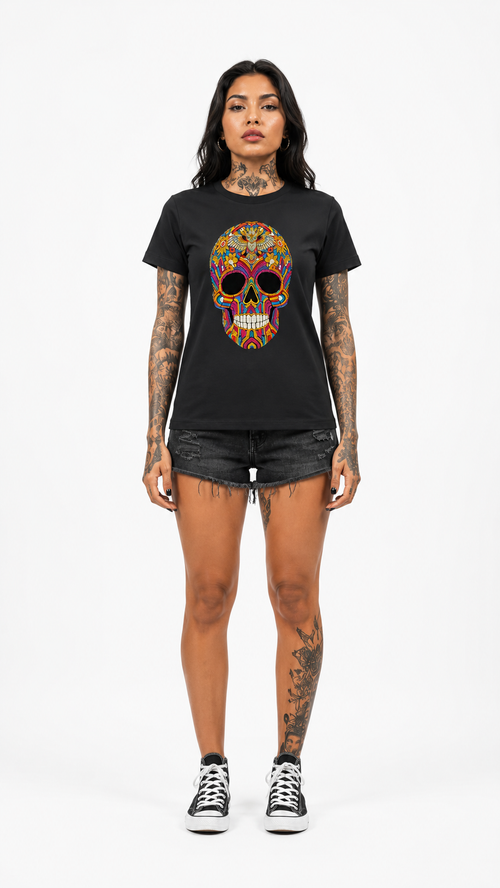 Women's ornate rhinestone sugar skull t-shirt with detailed design, front view model