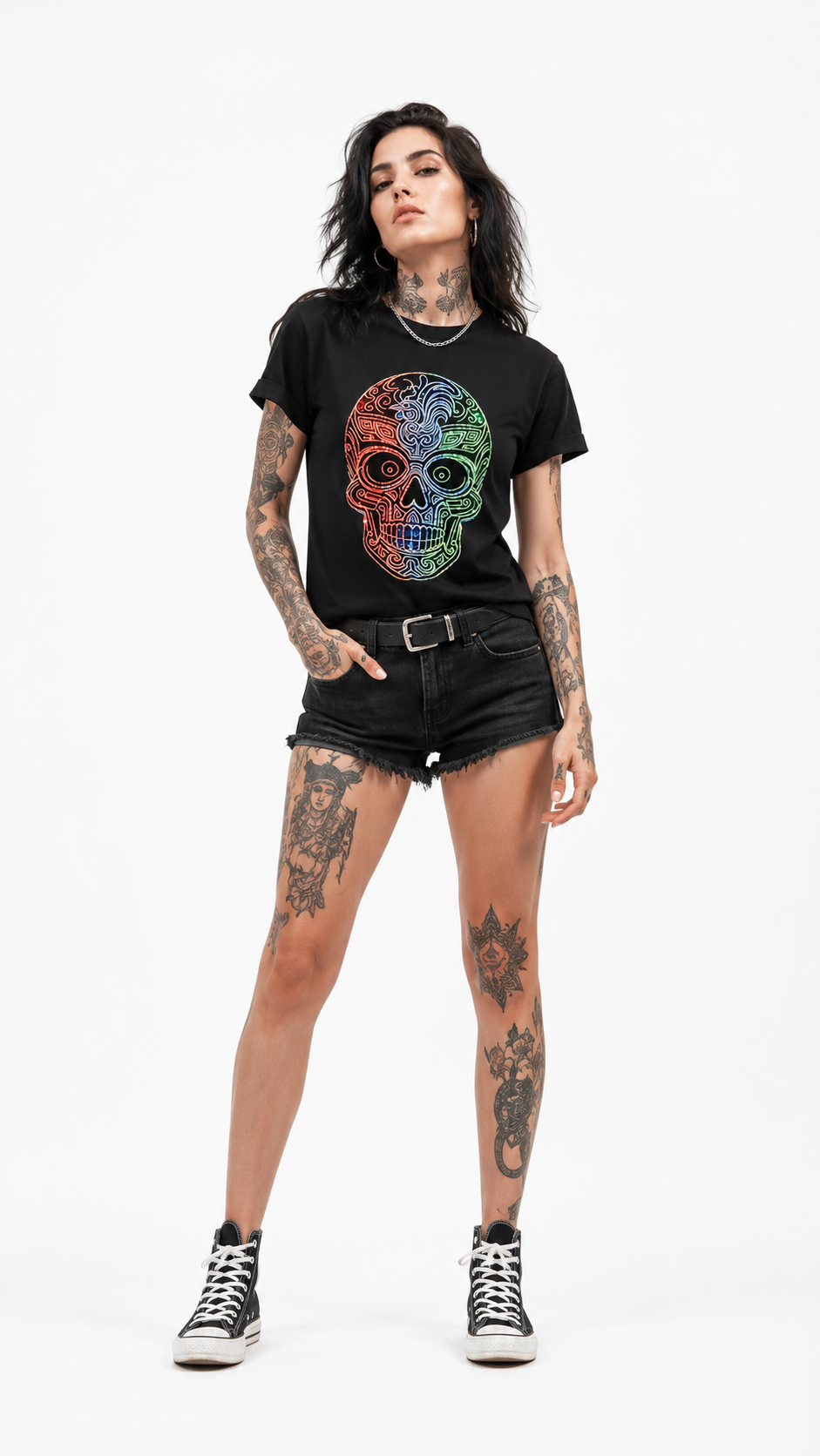 Colorful rhinestone sugar skull t-shirt front view on black tee - MTDMJ