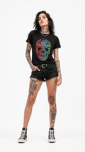 Colorful rhinestone sugar skull t-shirt front view on black tee - MTDMJ