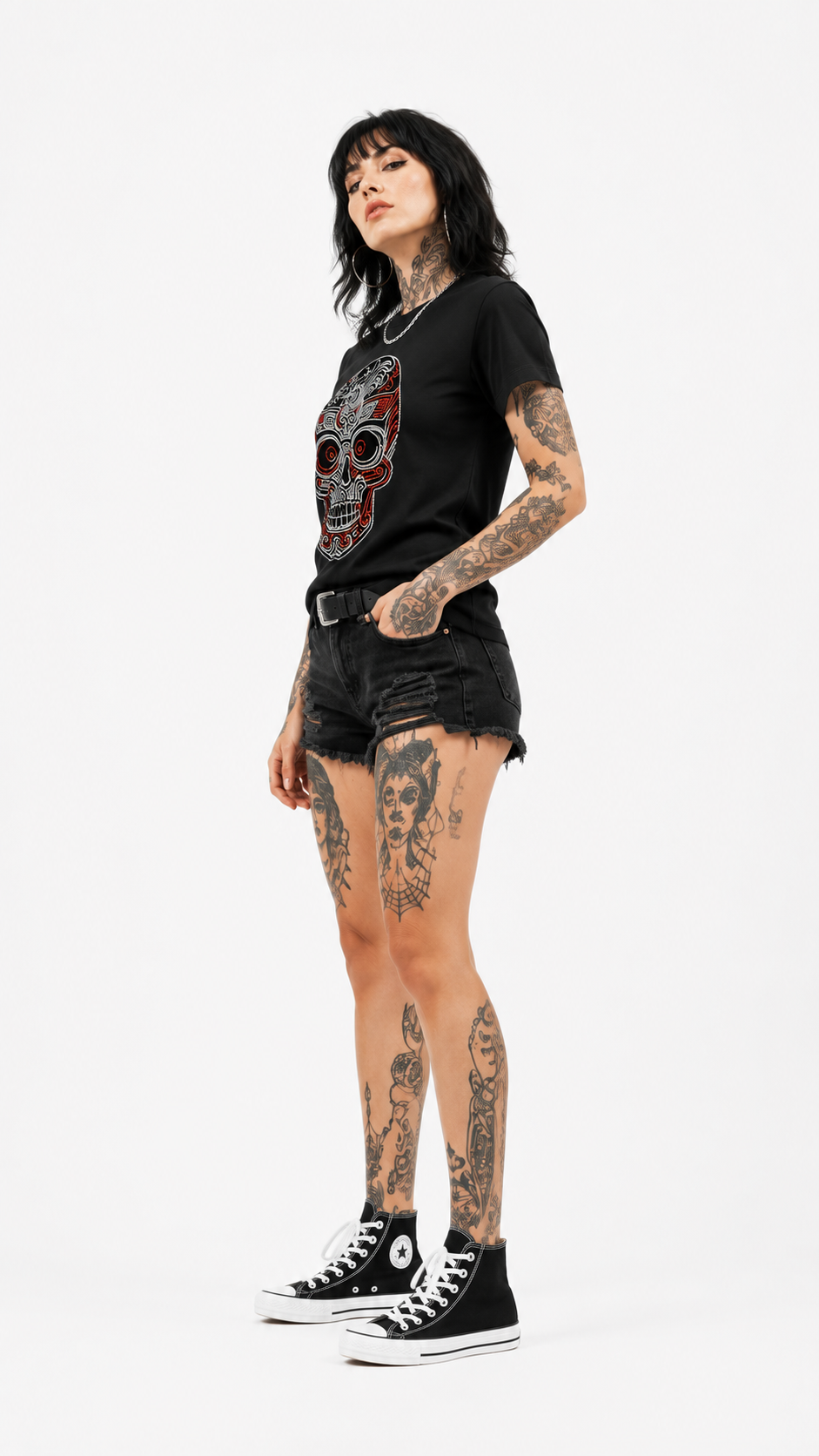 Women's rose rhinestone sugar skull t-shirt with red design, front view model