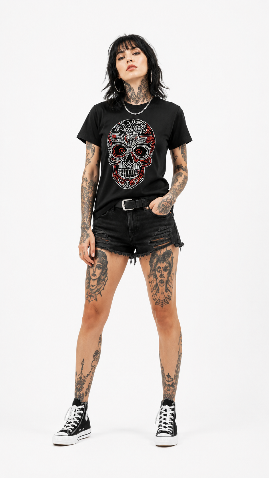 Side view of women's black rose rhinestone sugar skull graphic t-shirt