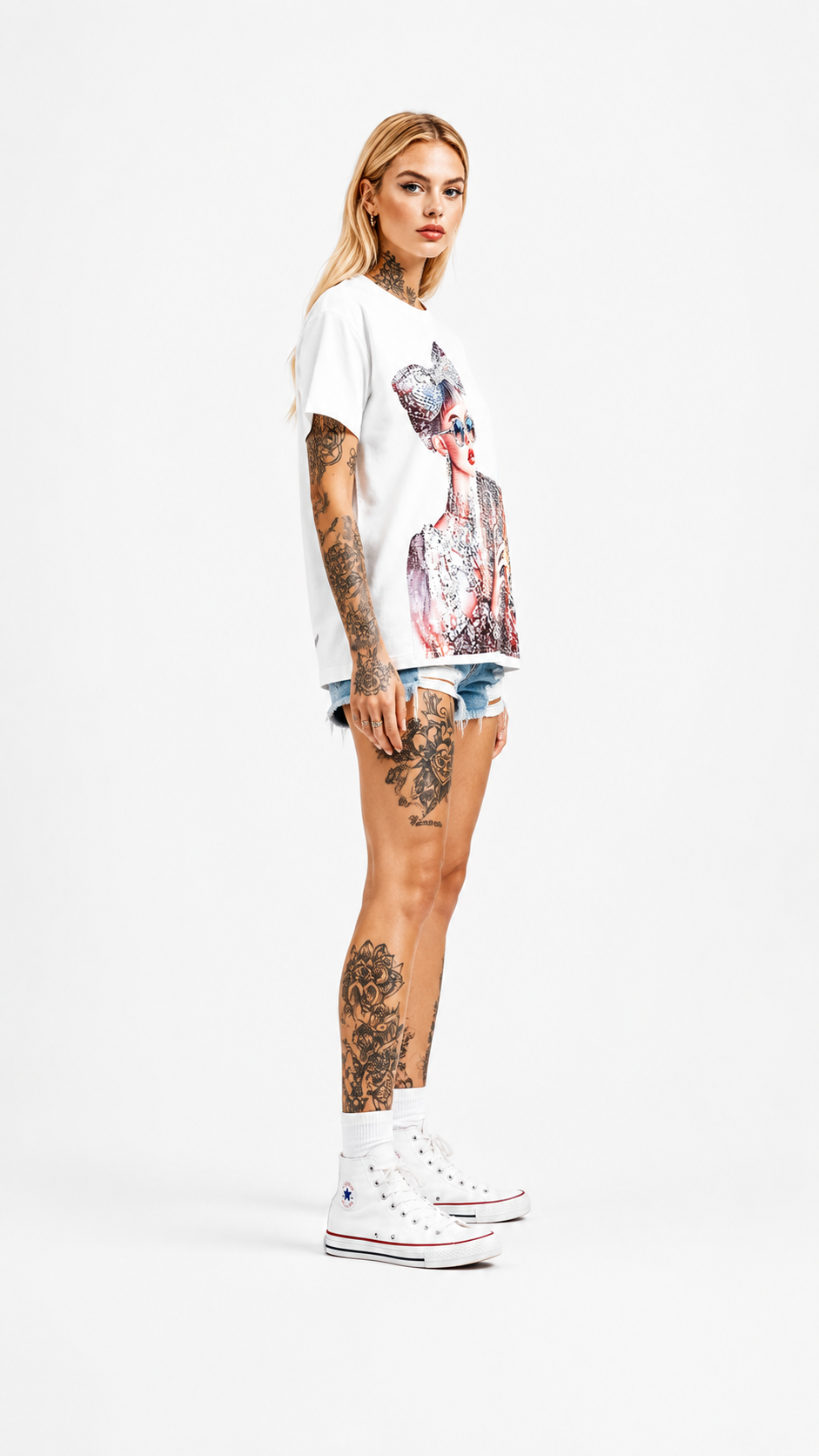 Side view of women's white rhinestone glamour portrait graphic t-shirt