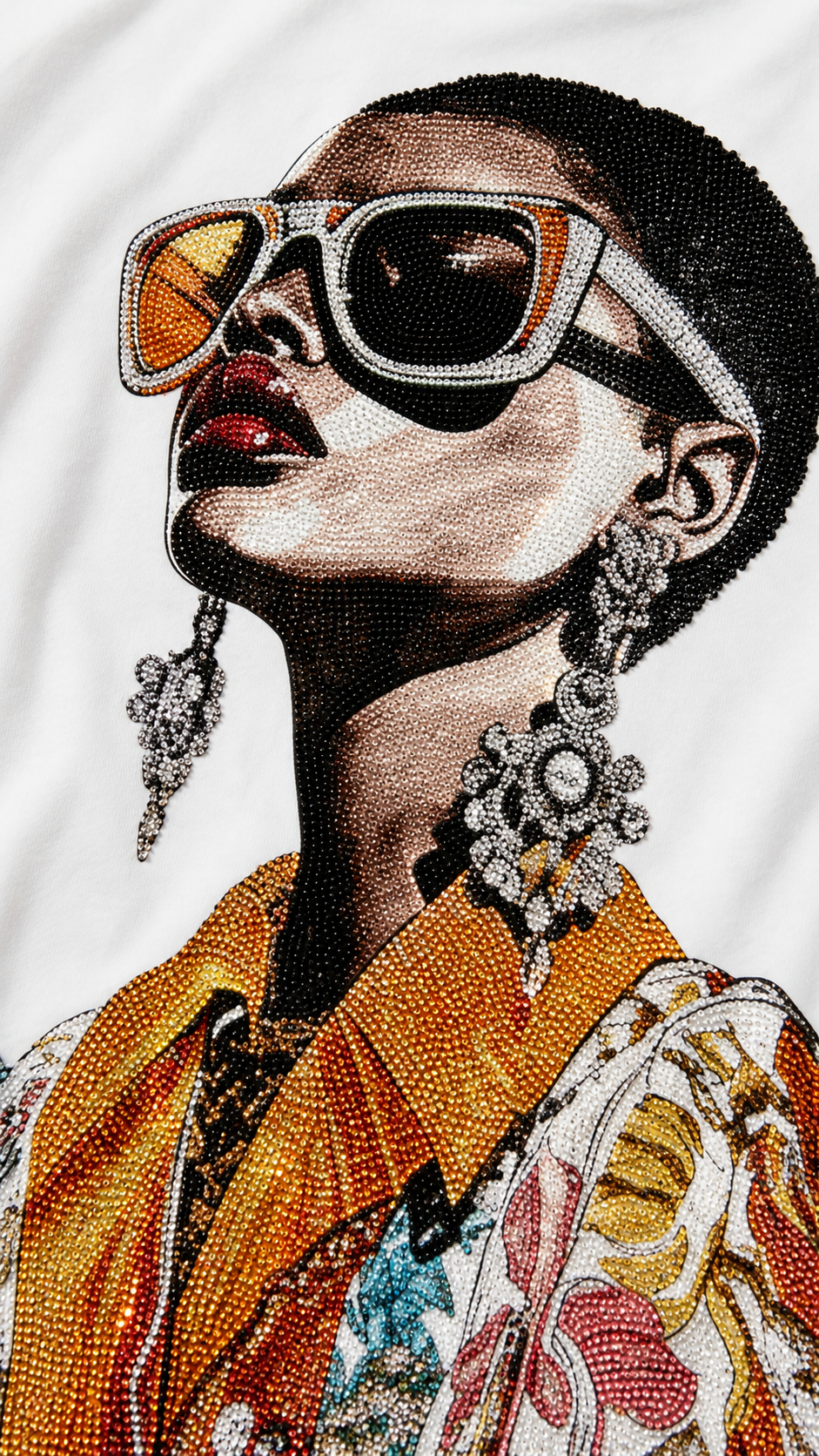Close-up of rhinestone sunglasses lady face detail showing crystal sparkle quality