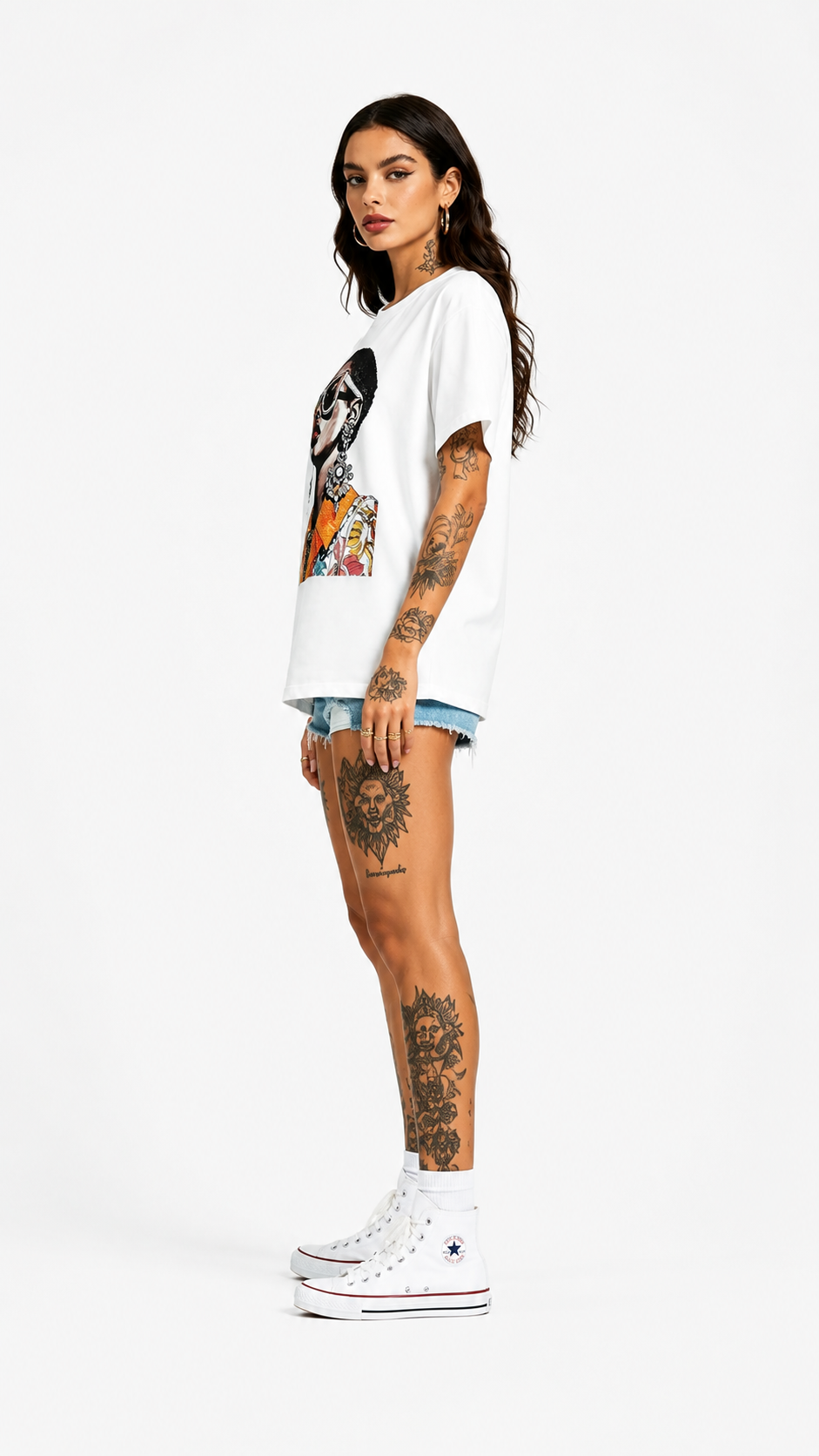 Back view of women's rhinestone portrait t-shirt