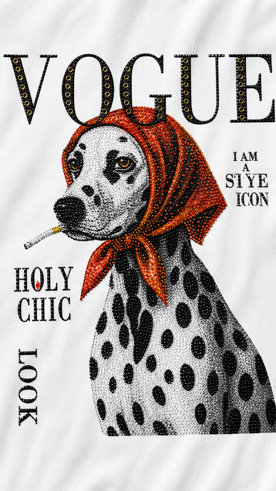 Close-up of rhinestone Vogue puppy dog Dalmatian with red headband on white t-shirt showing crystal detail