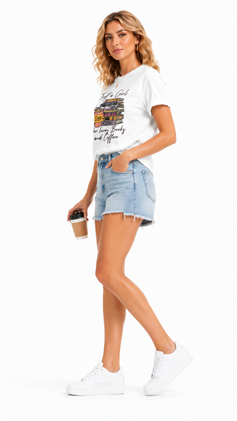 Side view of women's white rhinestone coffee house book stack graphic t-shirt