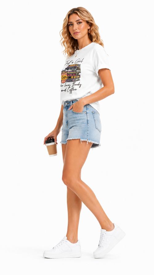 Side view of women's white rhinestone coffee house book stack graphic t-shirt