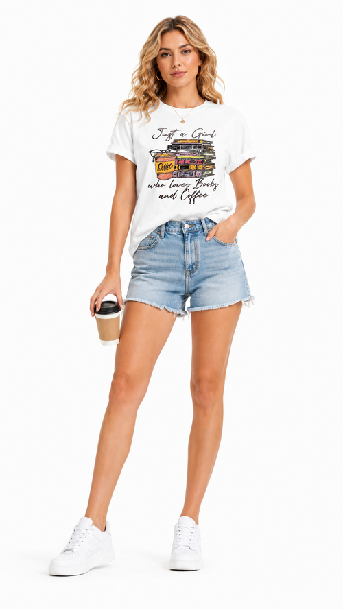 Women's coffee house rhinestone book t-shirt with Just a Girl vintage cafe design, front view model