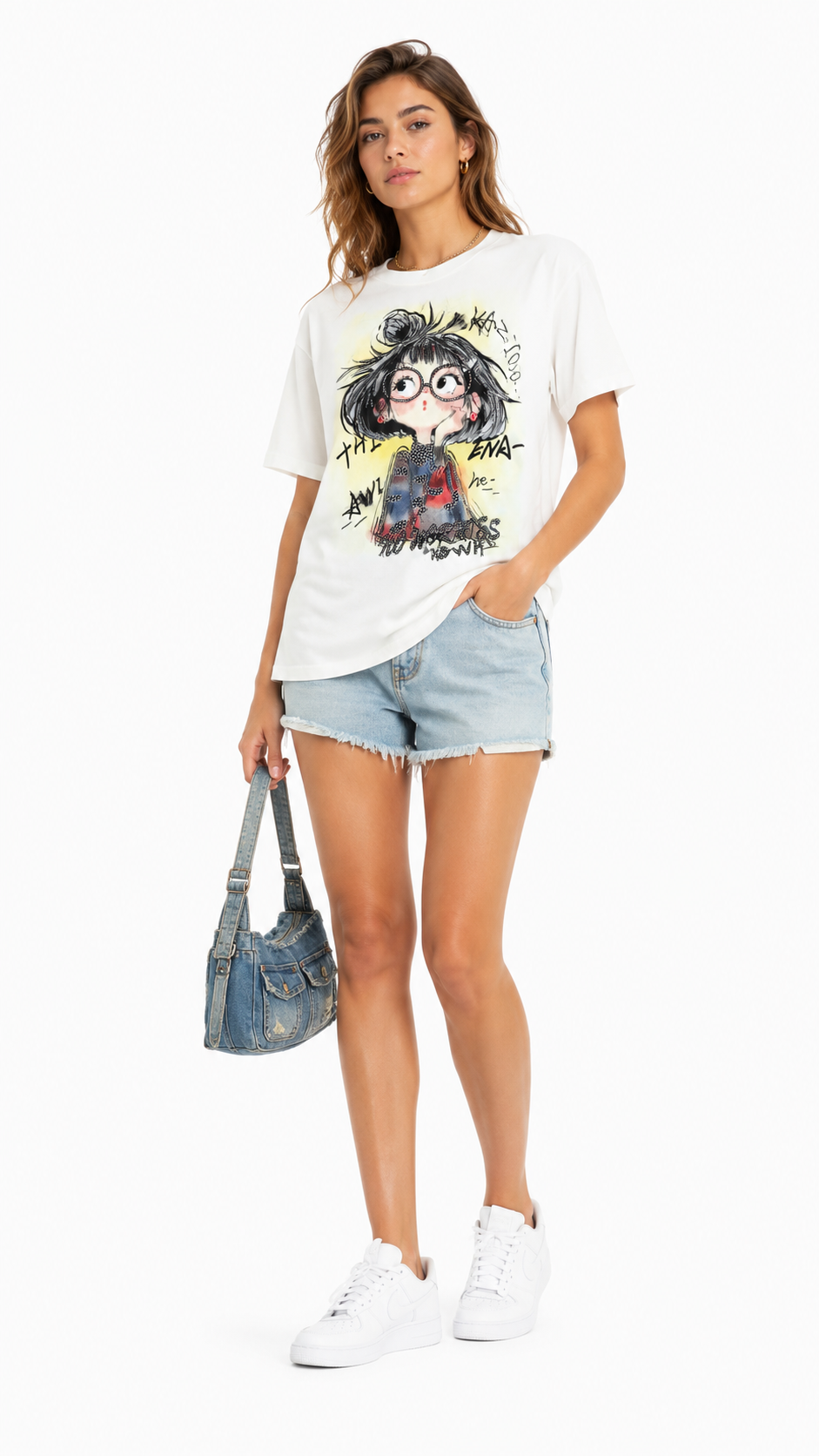 Women's rhinestone magic girl glasses t-shirt with cute cartoon witch, front view model