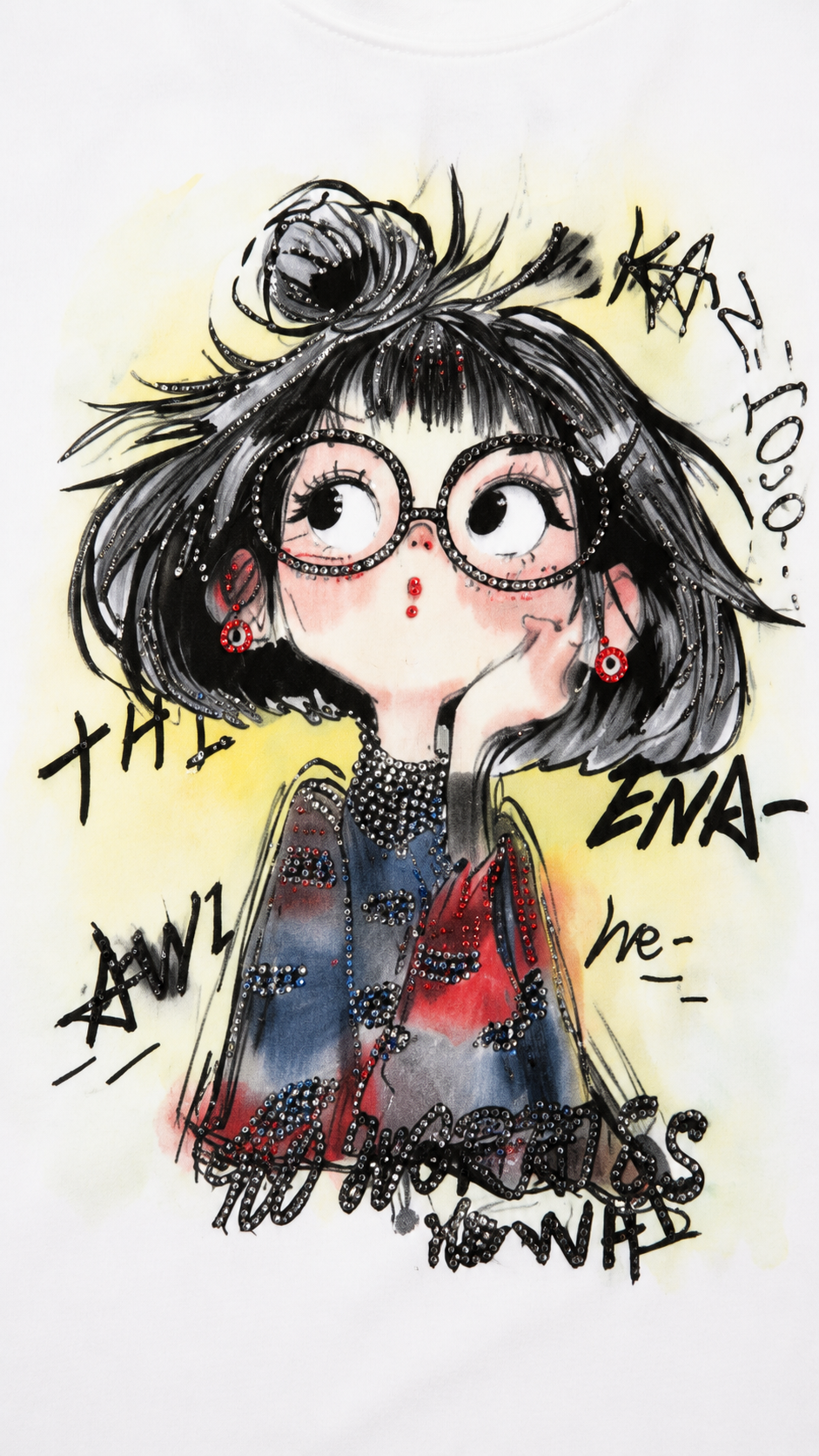 Close-up of rhinestone magic girl with round glasses and wand on white t-shirt showing crystal detail