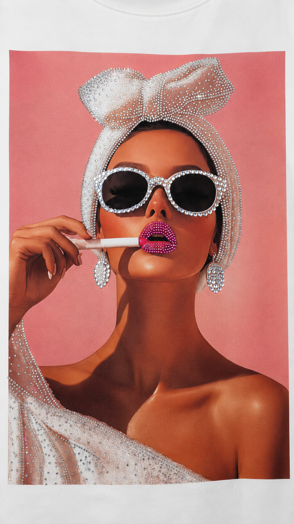 Close-up of rhinestone glamour woman with sunglasses and towel wrap on white t-shirt showing crystal detail