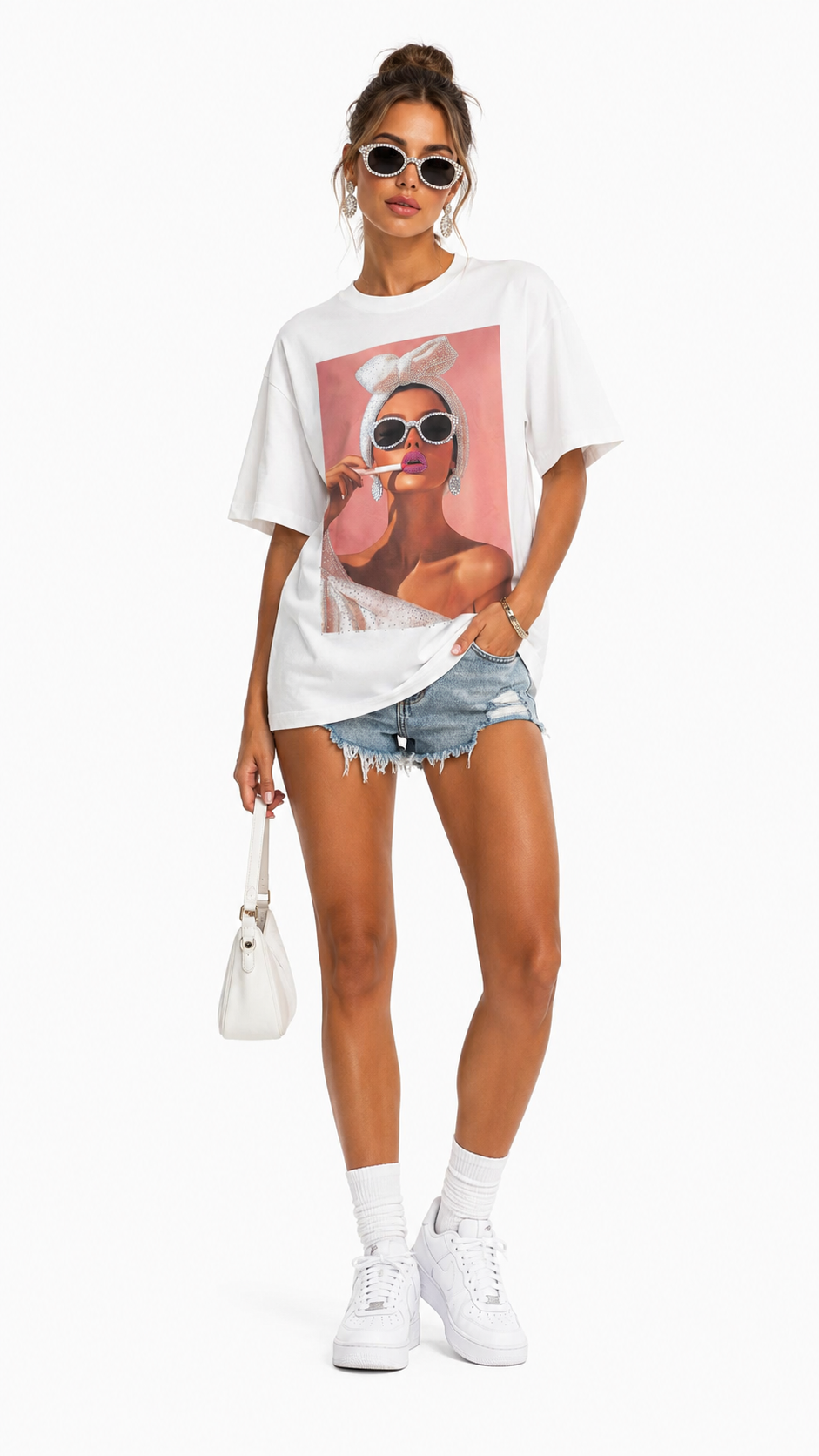 Women's rhinestone glamour woman sunglasses t-shirt with retro towel wrap, front view model