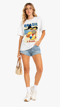 Women's Brazil beach rhinestone dream t-shirt with tropical vacation design, front view model