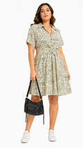 Women's zebra print woven shirt dress with tie waist, front view model