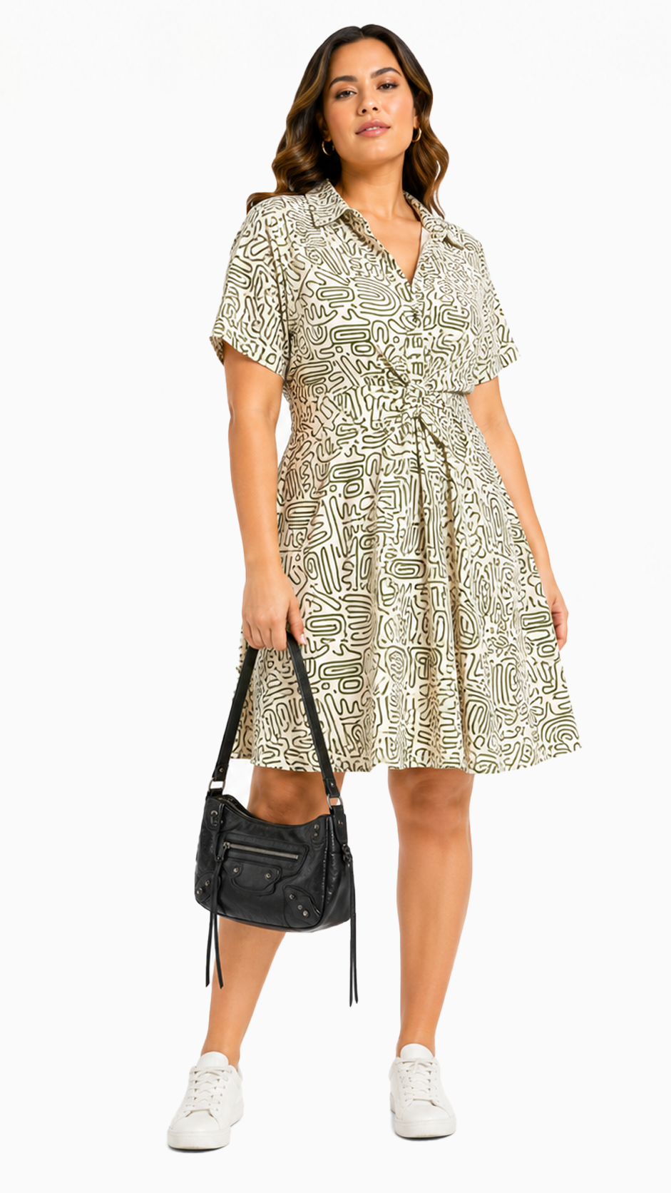 Women's zebra print woven shirt dress with tie waist, front view model