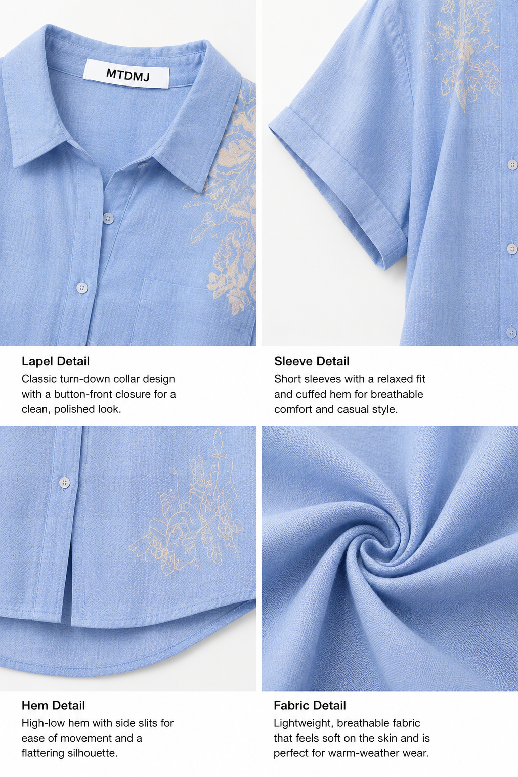 Close-up of chambray woven fabric texture and collar detail on short sleeve blouse