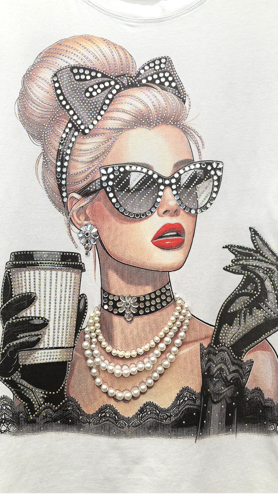 Close-up of rhinestone urban lady portrait detail showing sunglasses and jewelry embellishment