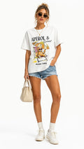 Women's rhinestone summer graphic t-shirt with APEROL beach vibes design, front view model