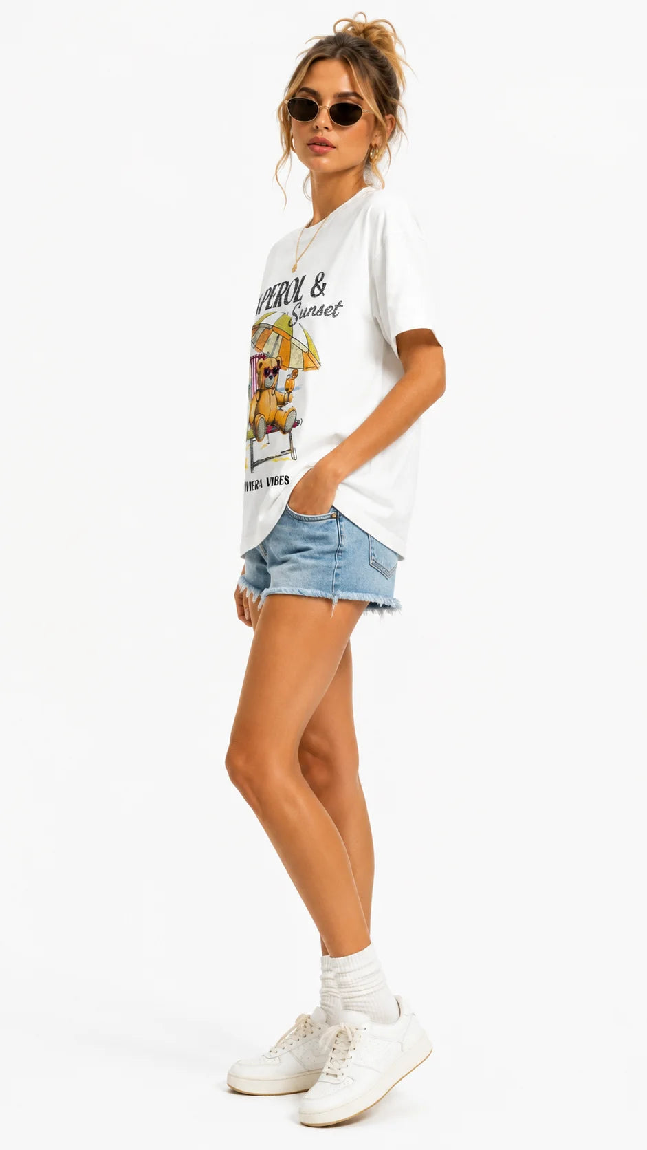 Back view of women's white rhinestone summer graphic t-shirt