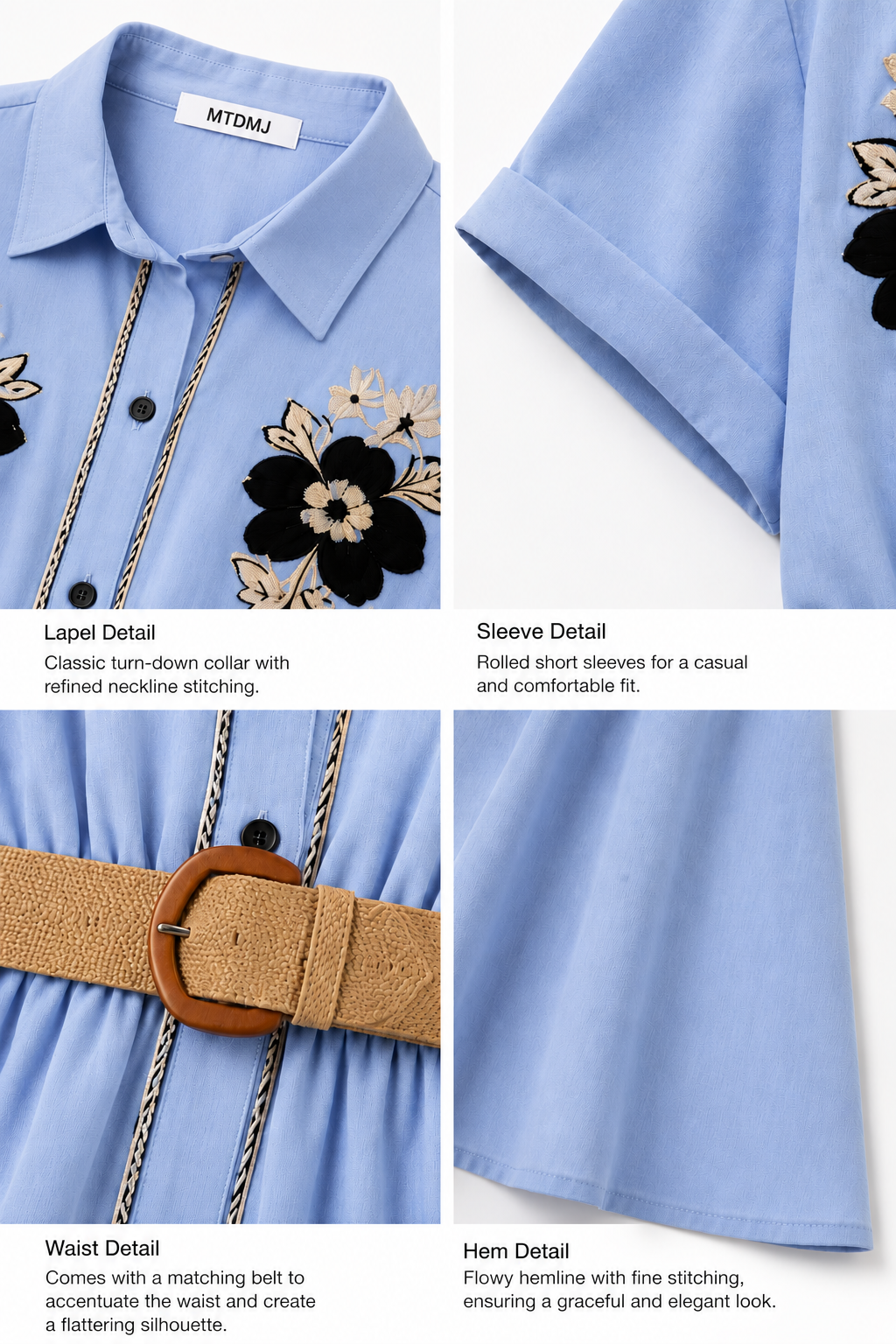 Close-up of cord embroidery soutache floral patch detail on light blue woven midi dress