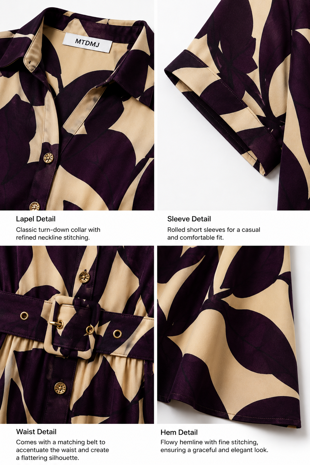 Close-up of bold botanical floral print pattern on woven maxi dress fabric detail