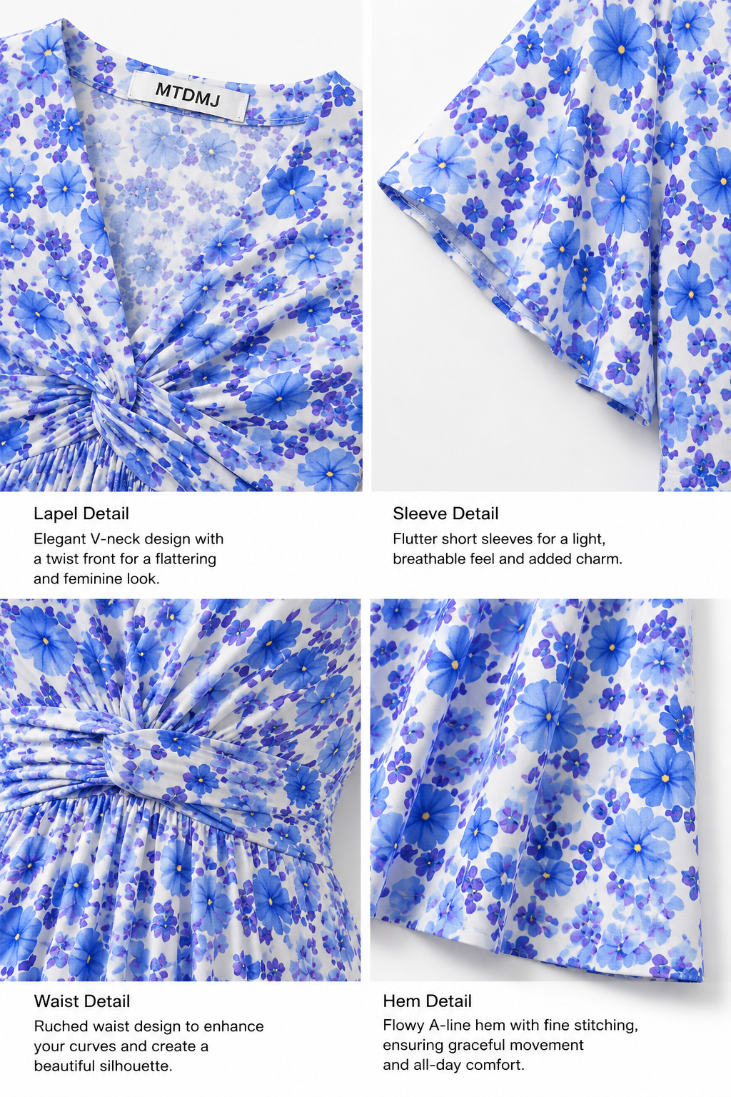 Close-up of porcelain-inspired blue botanical floral print on woven midi dress fabric detail