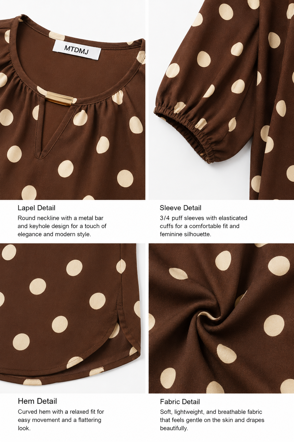 Close-up of brown polka dot pattern on woven blouse fabric detail