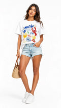 Women's rhinestone French market t-shirt with marché seafood graphic design, front view model