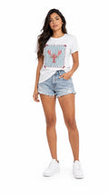 Women's rhinestone beaded lobster graphic t-shirt with summer seafood design, front view model