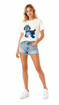 Women's printed blue poodle t-shirt with cute denim dog design, front view model