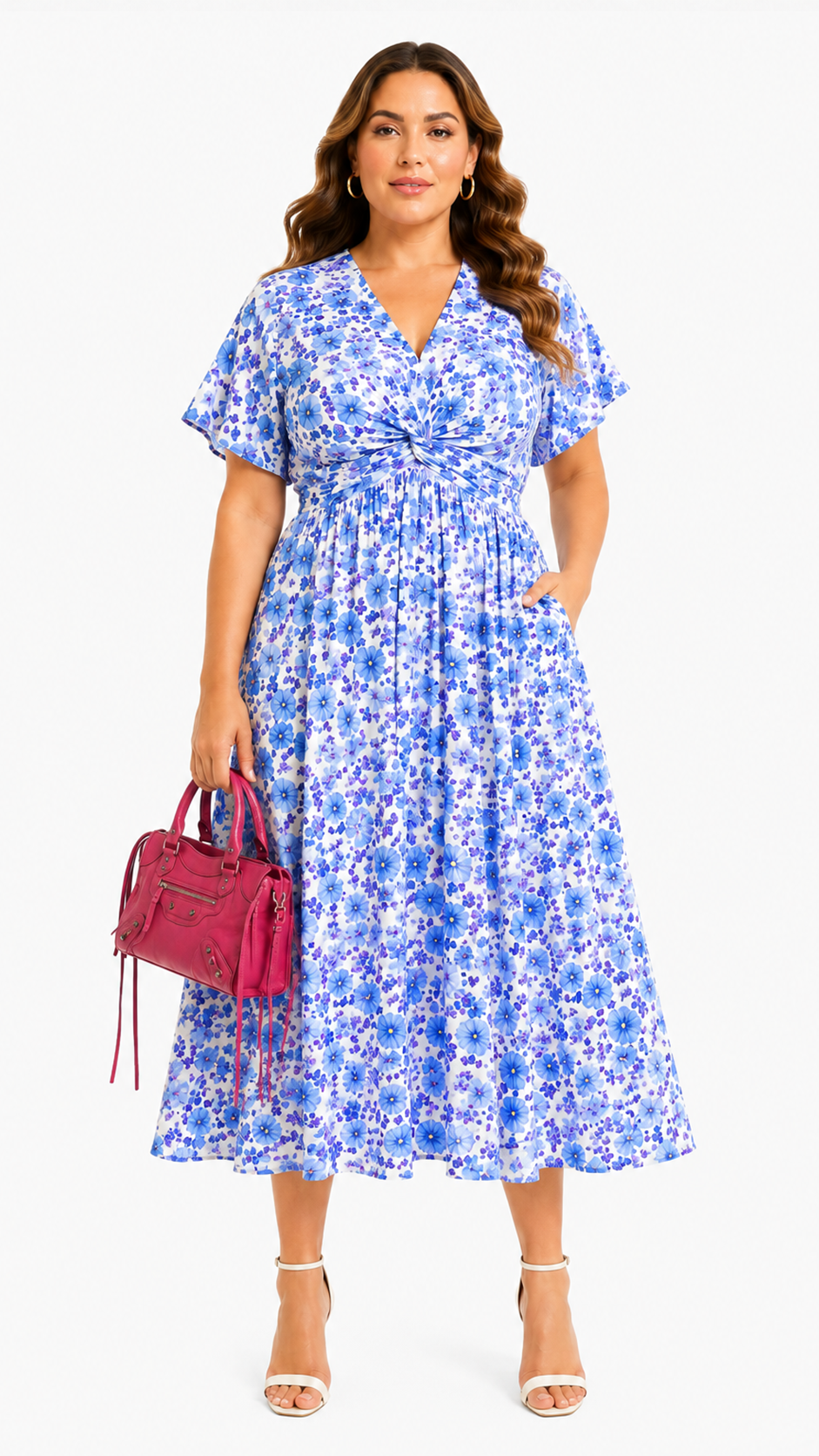 Women's blue floral woven midi dress with V-neck and flutter sleeves, front view model