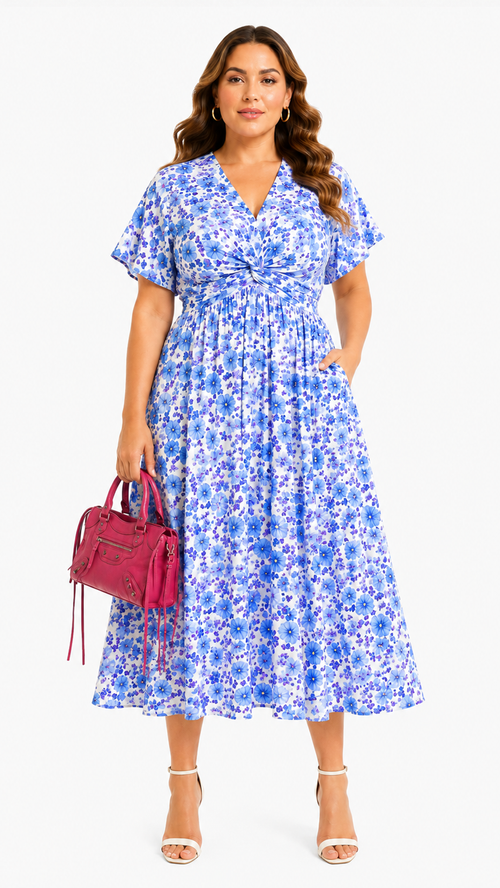 Women's blue floral woven midi dress with V-neck and flutter sleeves, front view model