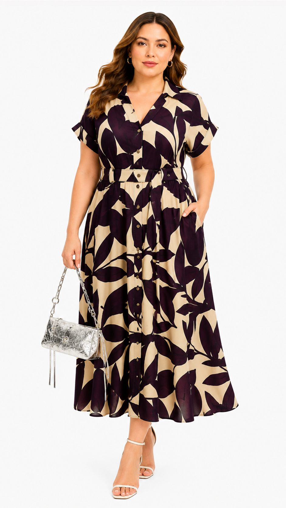 Women's floral print woven maxi dress with V-neck and flutter sleeves, front view model